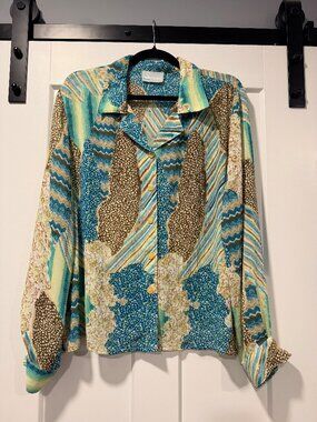 Vintage Swann Multicolor Retro-Patterned Geometric Polyester Blouse Size 16